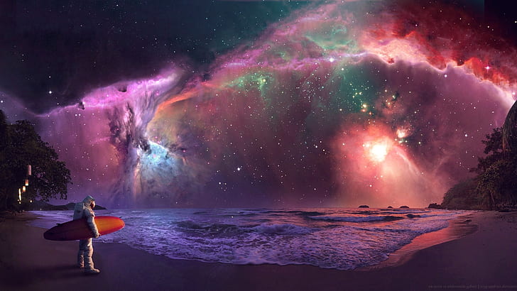 плаж космическо пространство звезди вълни галактики мъглявини сърфиране езера сърфисти космически астронавт 1920x1080 w Природа Плажове HD Изкуство, плаж, космическо пространство, HD тапет