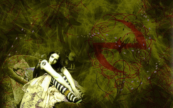 woman sitting on green background digital wallpaper, evanescence, girl, tattoo, graphics, hose, HD wallpaper