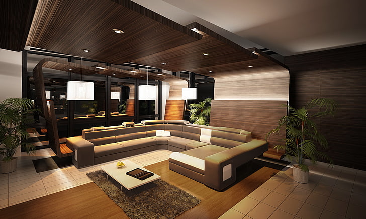 бежевый секционный диван, стулья, интерьер, гостинная, гостиная, деревянная, лофт, стильный дизайн, HD обои