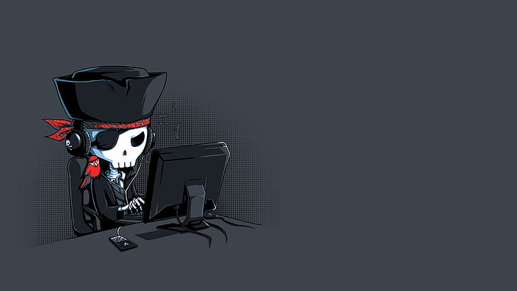 Kunstwerk des Skeletts mit Computer, Piraten, Computer, Skelett, Minimalismus, Schädel, Hacking, HD-Hintergrundbild