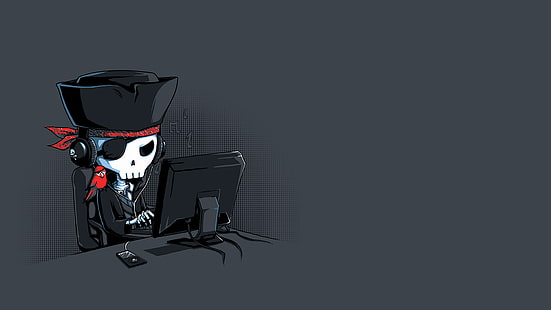 artwork of skeleton using computer, pirates, computer, skeleton, minimalism, skull, hacking, HD wallpaper HD wallpaper