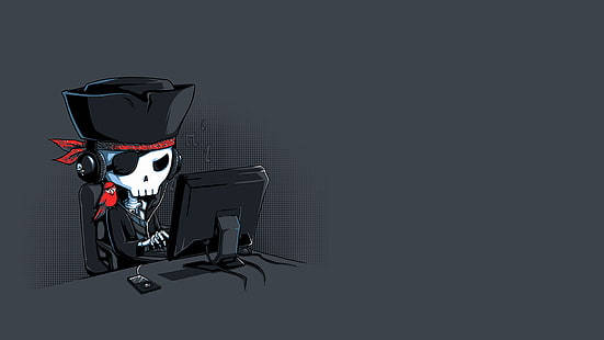 скелет, минимализм, череп, пираты, взлом, компьютер, HD обои HD wallpaper