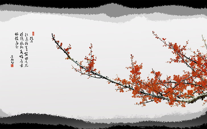 червени черешови цветове векторно изкуство, дърво, Япония, Сакура, характер, HD тапет