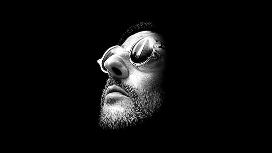 kacamata hitam bundar pria, Léon: The Professional, Jean Reno, kacamata hitam, latar belakang hitam, monokrom, Wallpaper HD HD wallpaper
