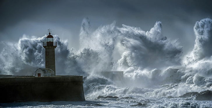 naturaleza, olas, faro, paisaje, Portugal, pesado, viento, fotografía, Fondo de pantalla HD