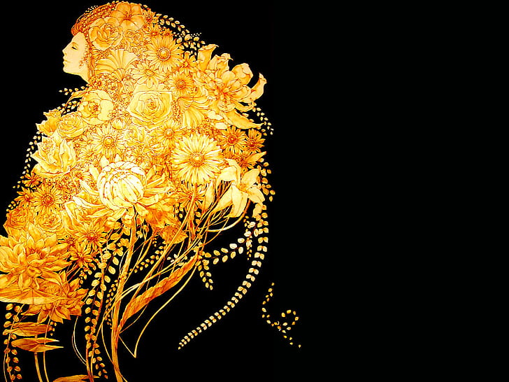 Human HD, gold floral print woman illustration, artistic, human, HD wallpaper