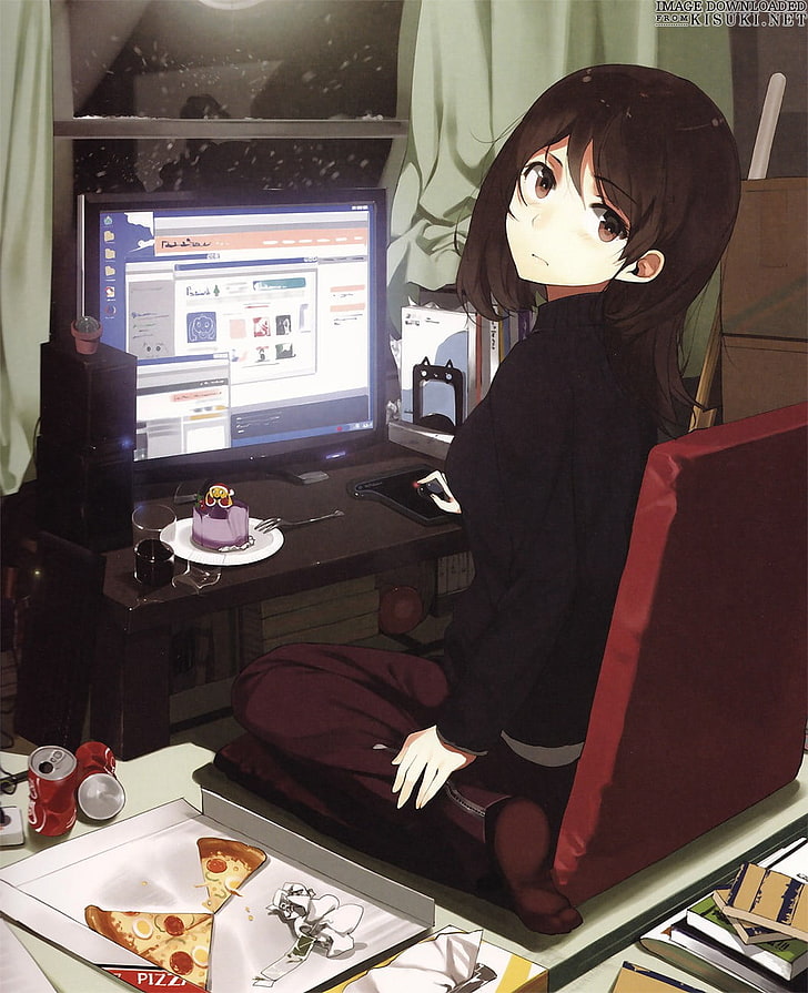 karakter anime wanita berambut coklat menghadap monitor komputer wallpaper, anime, komputer, gadis-gadis permainan video, tenang, meja, gadis-gadis anime, pizza, Wallpaper HD, wallpaper seluler