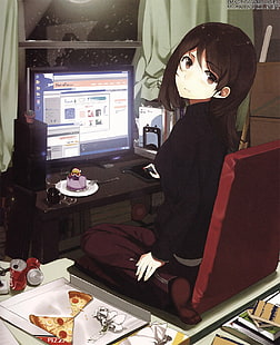кафяв женски аниме герой, изправен пред тапет на монитора на компютъра, аниме, компютър, момичета за видеоигри, спокоен, бюро, аниме момичета, пица, HD тапет HD wallpaper