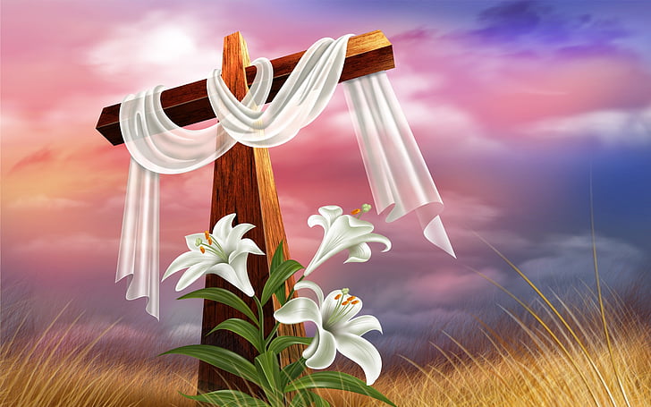 christian, cross, flowers, religion, HD wallpaper
