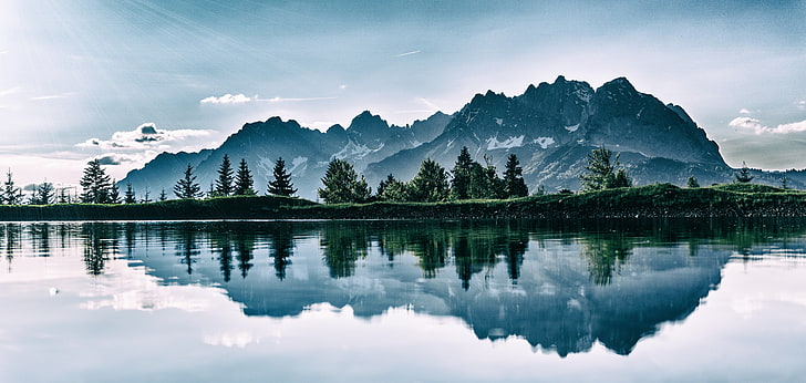 plan d'eau, montagnes, lac, photoshop, reflexion, Fond d'écran HD