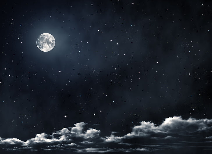 måne och stjärnhimmel, moln, natt, månen, stjärnor, HD tapet