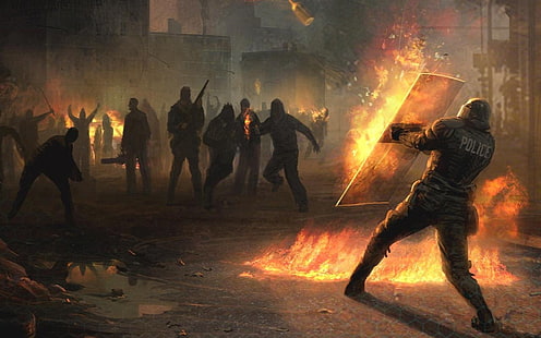 ilustração de motim, revolução, polícia, rebeldes, fogo, HD papel de parede HD wallpaper