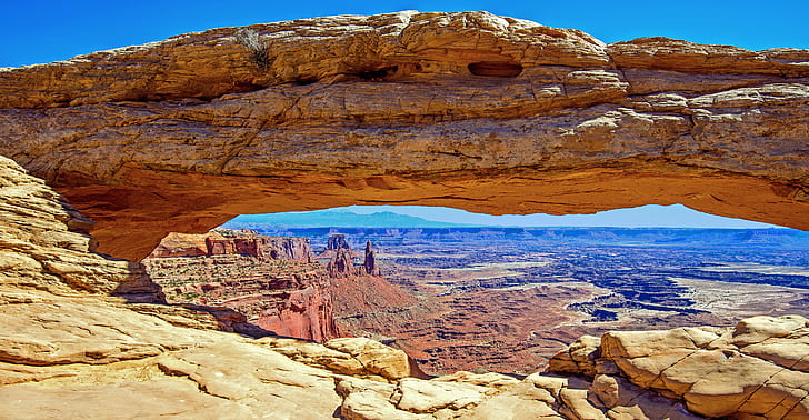 Rock Formation on mountain during day time, canyonlands national park, canyonlands national park, Mesa Arch, Canyonlands National Park, Rock Formation, mountain, day, time, desert, nature, landscape, rock - Object, canyon, uSA, scenics, utah, geology, outdoors, southwest USA, extreme Terrain, eroded, sandstone, dry, national Park, HD wallpaper