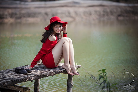 retrato, asiático, mulheres, lagoa, chapelaria, vestido vermelho, com os pés descalços, HD papel de parede HD wallpaper