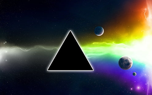 خلفية سوداء مثلثة ، منشور ، بينك فلويد ، الجانب المظلم من القمر ، مثلث ، عجلة ألوان ، مساحة ، كوكب ، نجوم ، متوهجة، خلفية HD HD wallpaper