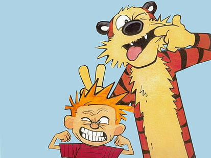 Calvin dan Hobbes, Tiger, Boy, Friends, Kartun, calvin dan hobbes, Tiger, boy, friends, kartun, Wallpaper HD HD wallpaper