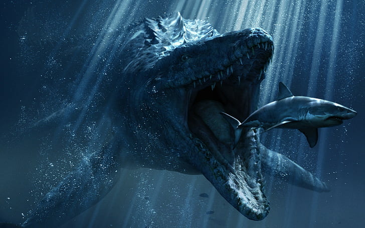 arte digital desenho subaquático tubarão sol raios azul mar bolhas dentes dinossauros criatura comendo crocodilos mundo jurássico, HD papel de parede