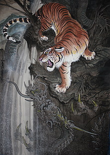 tiger, dragon, tim lehi, tattoo, HD wallpaper HD wallpaper