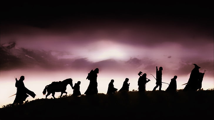 siluet lukisan orang berjalan, The Lord of the Rings, siluet, The Lord of the Rings: The Fellowship of the Ring, film, Wallpaper HD