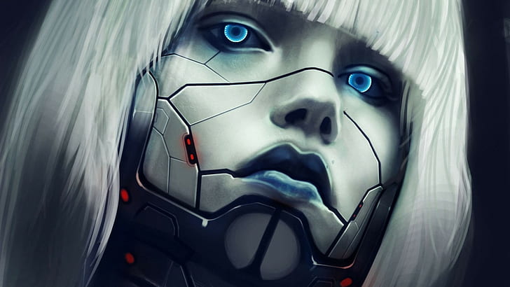 kvinnrobotillustration, blå ögon, cyberpunk, cyborg, robot, HD tapet