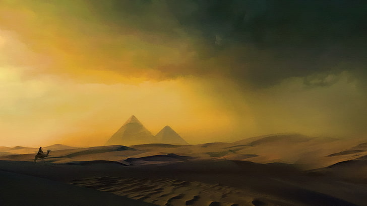 desert, artwork, pyramid, camels, HD wallpaper