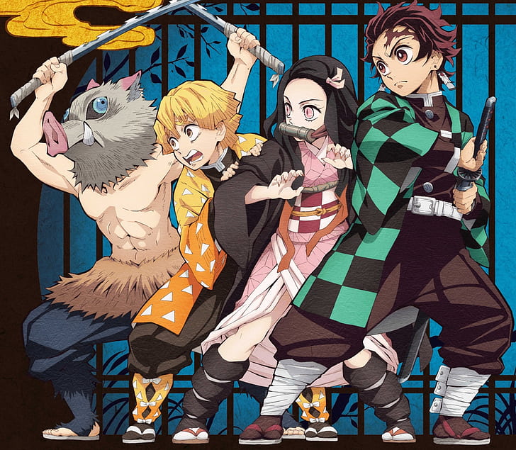 أنيمي ، قاتل الشياطين: Kimetsu no Yaiba و Inosuke Hashibira و Nezuko Kamado و Tanjirou Kamado و Zenitsu Agatsuma، خلفية HD