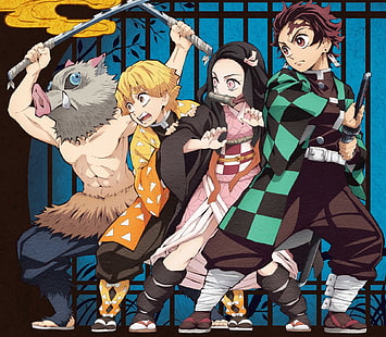 Anime, Demon Slayer: Kimetsu no Yaiba, Inosuke Hashibira, Nezuko Kamado, Tanjirou Kamado, Zenitsu Agatsuma, Sfondo HD HD wallpaper