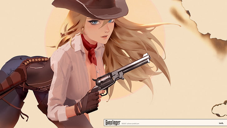 cowgirl, gadis dengan senjata, revolver, syal, pirang, mata biru, ilustrasi, sarung tangan, topi koboi, Wallpaper HD