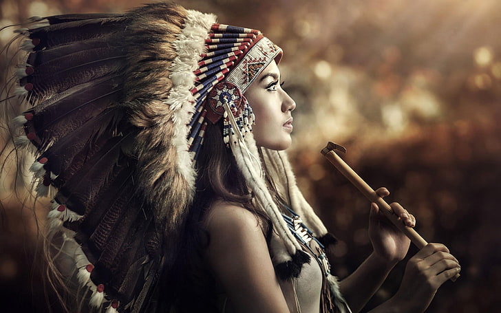 Headdress, Native Americans, profile, women, HD wallpaper