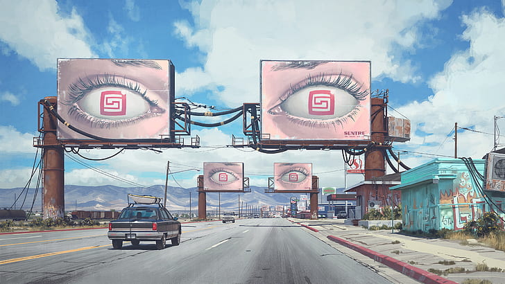 road, eyes, mountains, cars, buildings, billboards, HD wallpaper
