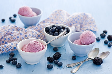 balls, berries, blueberries, ice cream, dessert, BlackBerry, sweet, spoon, Anna Verdina, bowl, HD wallpaper HD wallpaper