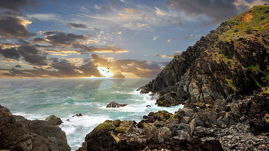Splendida Byron Bay Australia, uccelli, spiaggia, tramonto, rocce, onde, natura e paesaggi, Sfondo HD HD wallpaper
