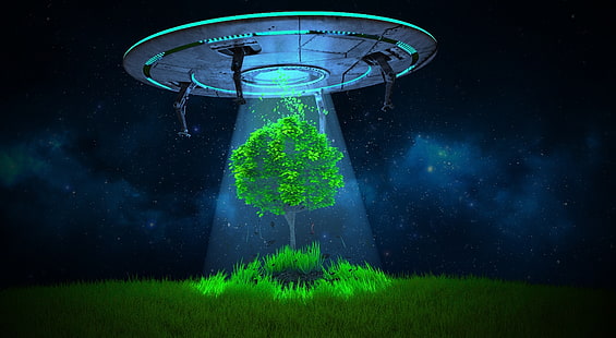 НЛО похищение деревьев, серый и зеленый иллюстрация космического корабля, художественный, 3D, нло, дерево, мультфильм, смешно, похищение, ночь, HD обои HD wallpaper