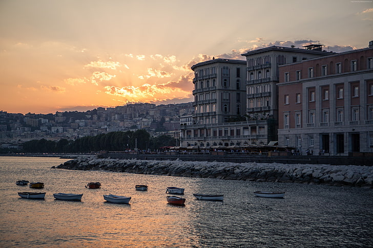 Italia, puesta de sol, orilla, costa, Napoli, Fondo de pantalla HD