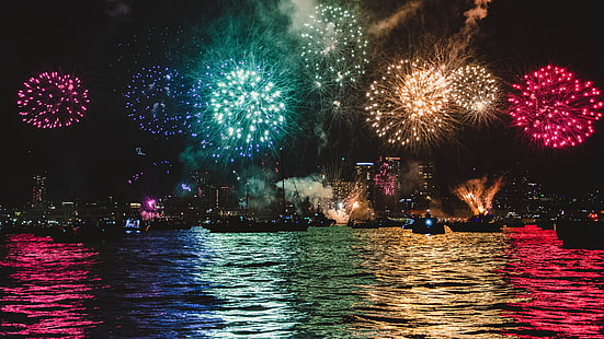 assorted-color fireworks display digital wallpaper, fireworks, colorful, night, water, ship, boat, city, HD wallpaper HD wallpaper