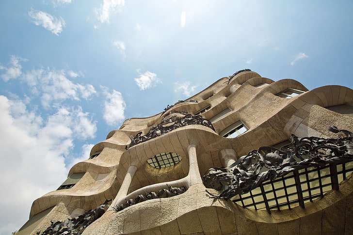 architectural design, architecture, barcelona, blue sky, bright, building, clouds, gaudis casa mila, looking up, spain, sunny day, HD wallpaper
