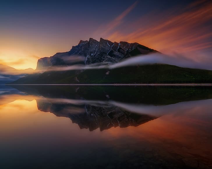 winter, light, fog, lake, the evening, morning, Canada, Alberta, Canadian Rockies, Minnewanka, Banff National Park, HD wallpaper