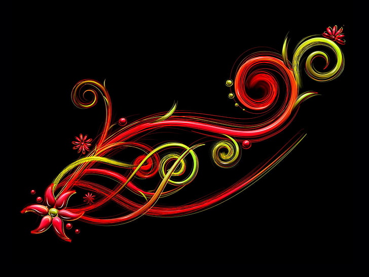 karya seni abstrak bunga merah dan kuning, garis, pola, pleksus, warna-warni, latar belakang gelap, Wallpaper HD