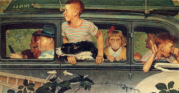  machine, dog, trip, Illustration, adults and children, Norman Rockwell, HD wallpaper HD wallpaper