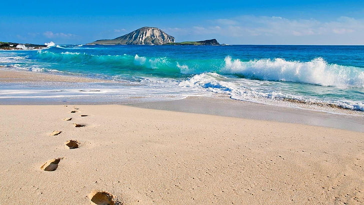 sandybeach, ocean, wave, romantic, footprints, island, blue water, blue sky, summer, holiday, HD wallpaper