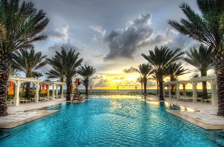 beach, blue, clouds, Florida, Green, landscape, nature, Palm Trees, sea, sunrise, swimming Pool, yellow, HD wallpaper
