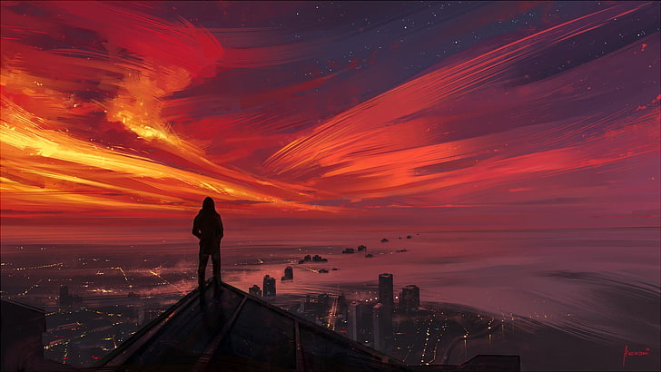 силуэт человека на крыше цифровые обои, человек стоит на крыше здания с видом на город во время заката, смотрит вдаль, городской пейзаж, живопись, закат, небо, темнота, солнечный свет, горизонт, HD обои