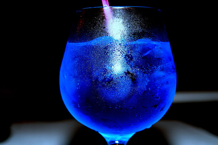 blue and white LED light, drinking glass, liquid, HD wallpaper