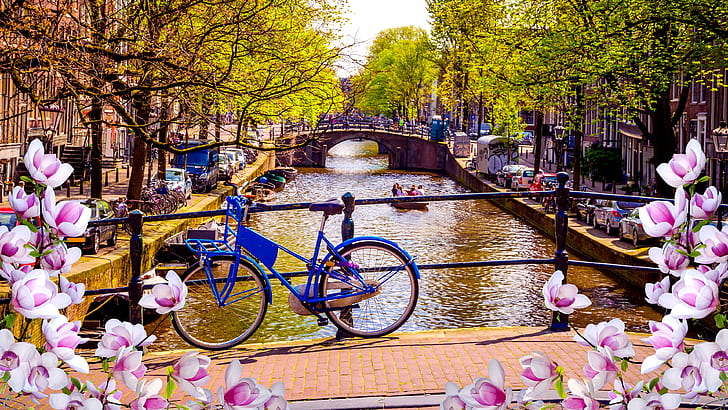 アムステルダム、オランダ、自転車、自転車、自転車、運河、 HDデスクトップの壁紙