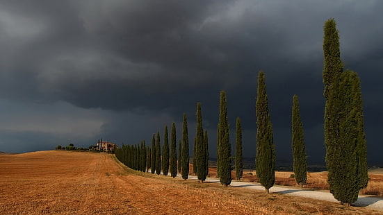 grå moln, landskap, moln, storm, natur, Italien, träd, väg, fält, hus, kullar, gata, HD tapet HD wallpaper