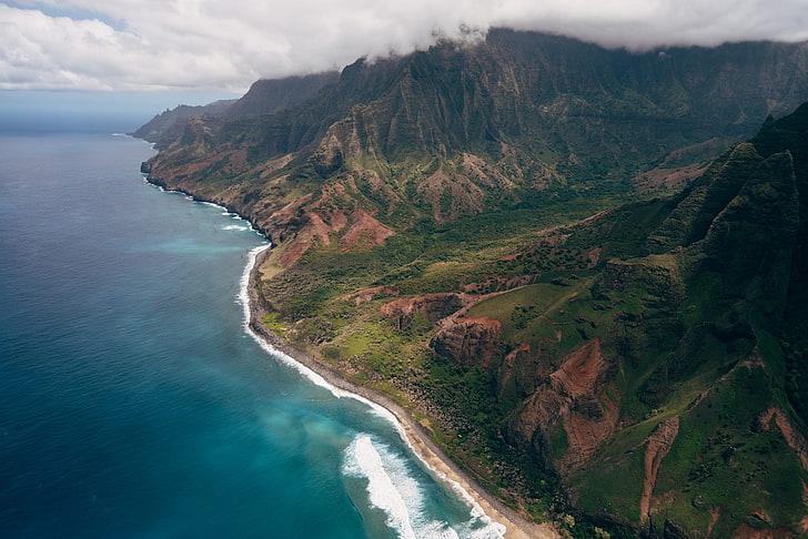 自然、ハワイ、風景、山、雲、水、空撮、鳥瞰図、ジュラシックパーク、 HDデスクトップの壁紙