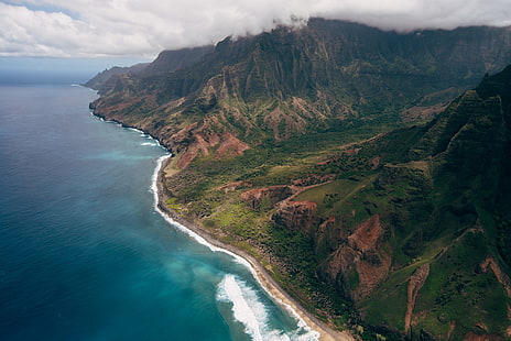 природа, Хавай, пейзаж, планини, облаци, вода, въздушен изглед, птичи поглед, Джурасик парк, HD тапет HD wallpaper