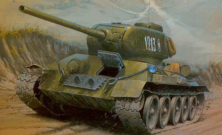 green military tank illustration, road, figure, art, tank, average, T-34-85, The great Patriotic war, HD wallpaper