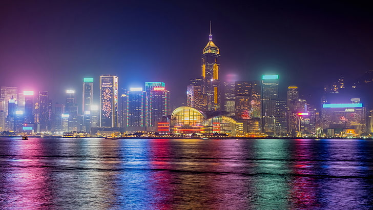 夜、5 k、5 k uhd、アジア、中国、タワー、空、ダウンタウン、タワーブロック、街の灯、高層ビル、香港、カラフルなライト、メトロポリス、反射、スカイライン、都市、都市の景観、 HDデスクトップの壁紙