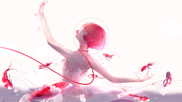 Penari balet, 4K, Gadis anime, ikan Koi, Pink, Ikan, Wallpaper HD